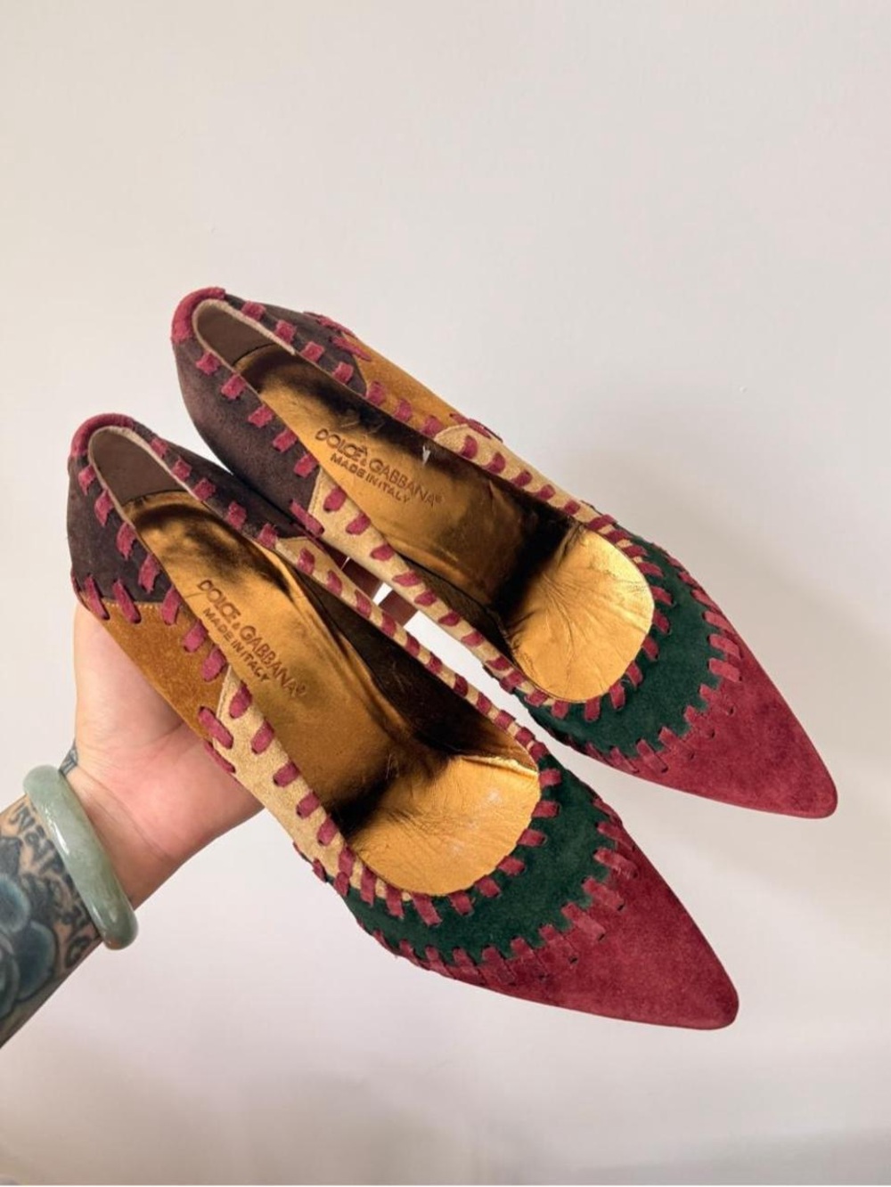 90s Dolce & Gabbana Multicolor Suede Patchwork Pointed-Toe Pumps - Women's 7.5 - Picture 2 of 8